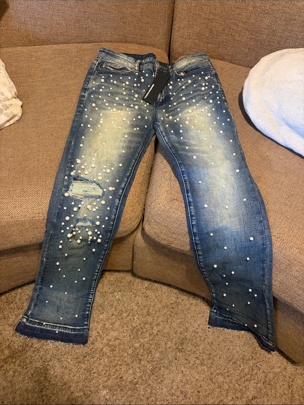 Slim Men’s Blue Pearl-Studded Jeans
